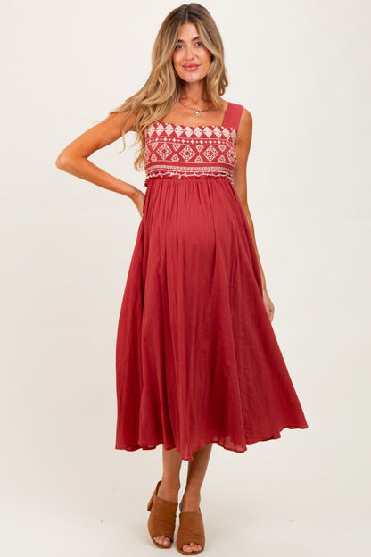 Rust Embroidered Sleeveless Maternity Midi Dress