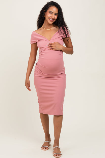 Pink Off Shoulder Fitted Maternity Midi Dress