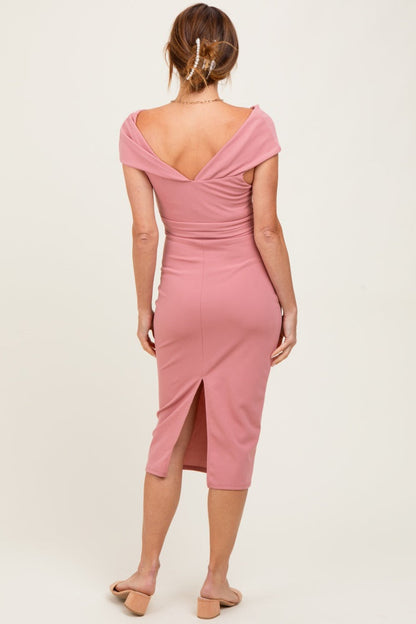Pink Off Shoulder Fitted Midi Dress