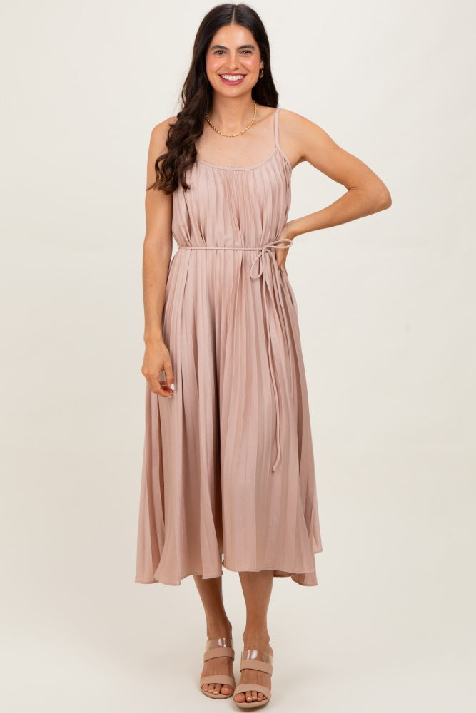 Mocha Pleated Sash Tie Midi Dress