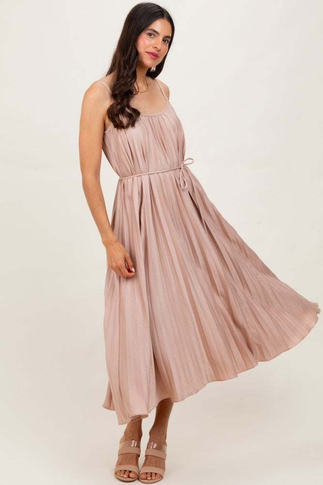 Mocha Pleated Sash Tie Midi Dress