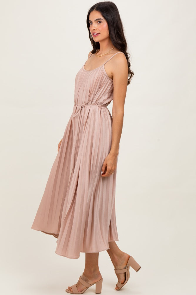 Mocha Pleated Sash Tie Midi Dress