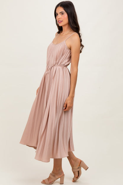 Mocha Pleated Sash Tie Midi Dress