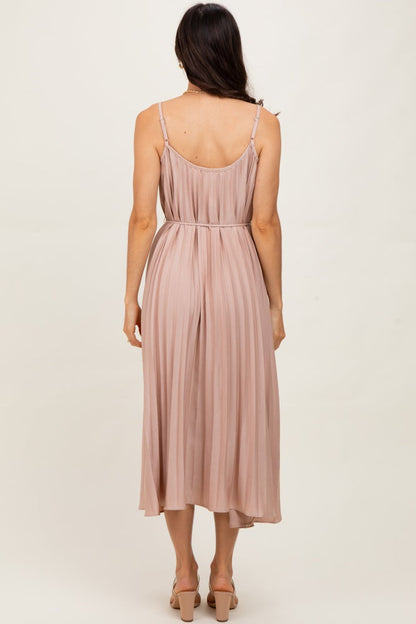 Mocha Pleated Sash Tie Midi Dress