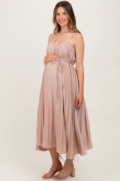 Mocha Pleated Sash Tie Maternity Midi Dress