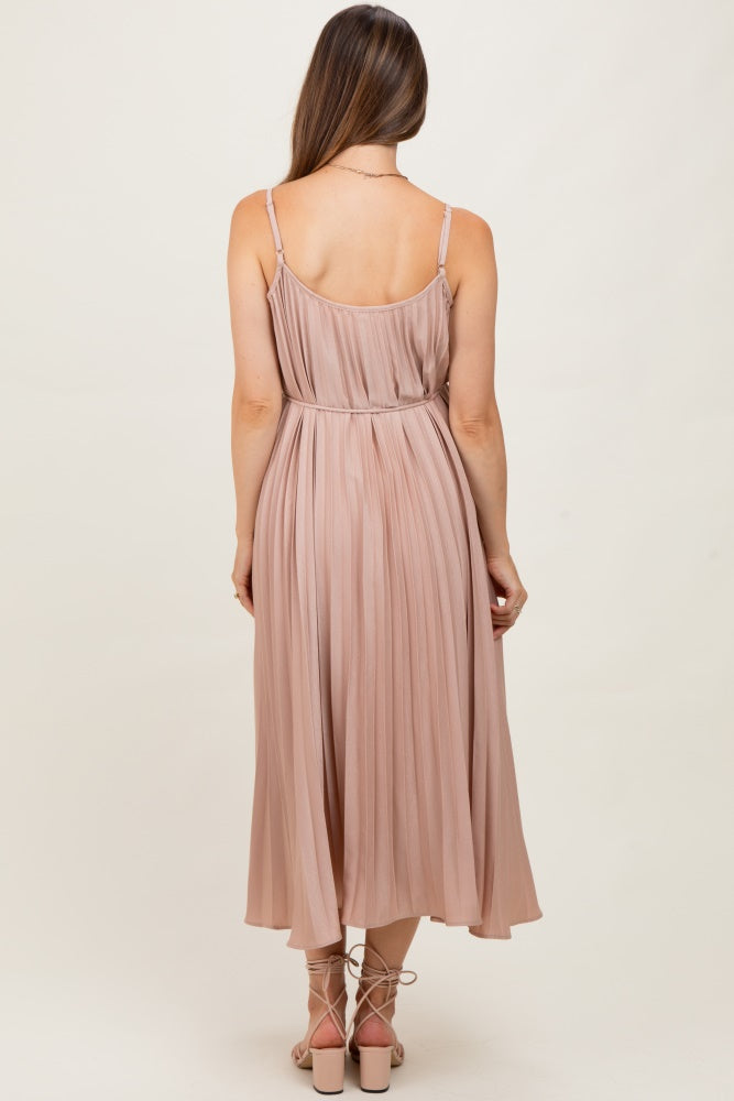 Mocha Pleated Sash Tie Maternity Midi Dress