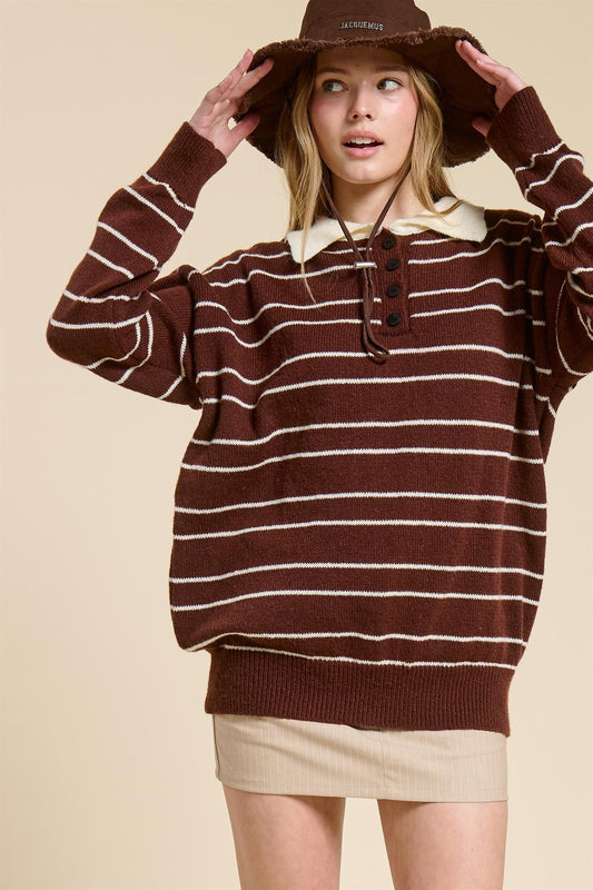 Brown Striped Knit Relaxed Fit Polo Sweater