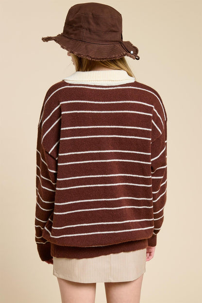 Brown Striped Knit Relaxed Fit Polo Sweater