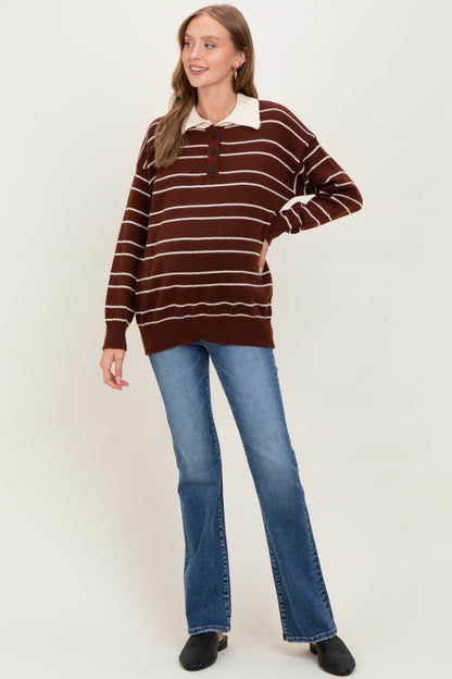 Brown Striped Knit Relaxed Fit Polo Maternity Sweater