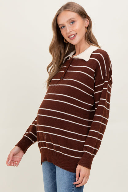 Brown Striped Knit Relaxed Fit Polo Maternity Sweater