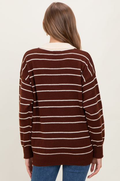 Brown Striped Knit Relaxed Fit Polo Maternity Sweater