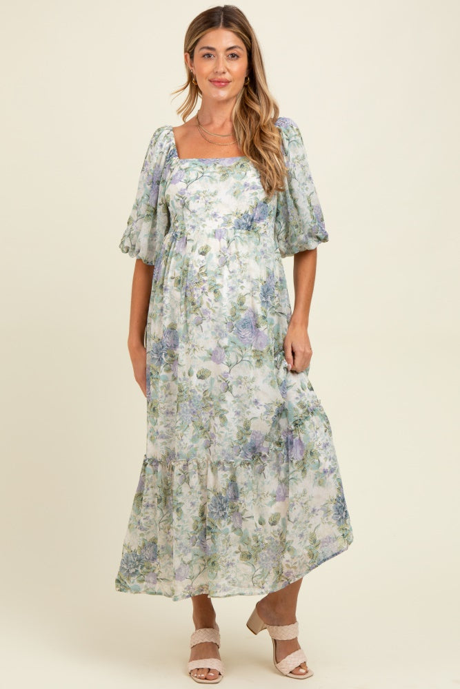 Lavender Floral Square Neck Puffed Sleeve Maternity Maxi Dress