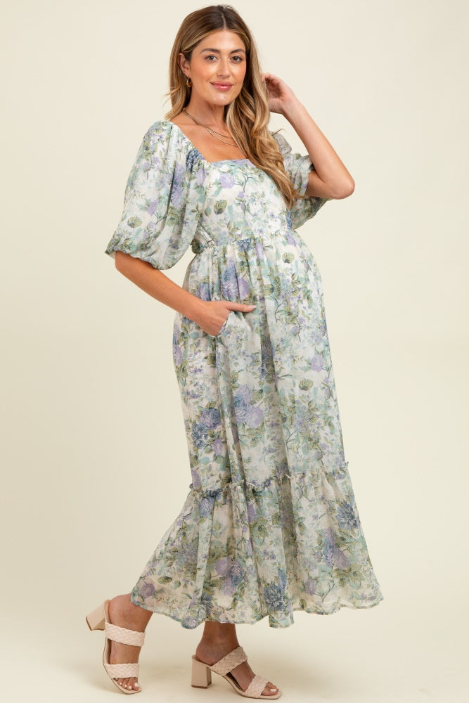 Lavender Floral Square Neck Puffed Sleeve Maternity Maxi Dress