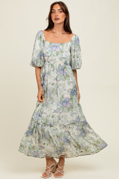 Lavender Floral Square Neck Puffed Sleeve Maxi Dress