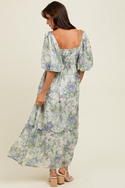 Lavender Floral Square Neck Puffed Sleeve Maxi Dress