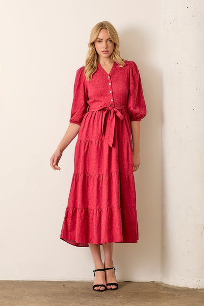 Burgundy Floral Jacquard Button Front Tiered Dress
