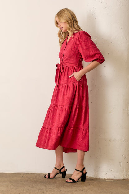 Burgundy Floral Jacquard Button Front Tiered Dress