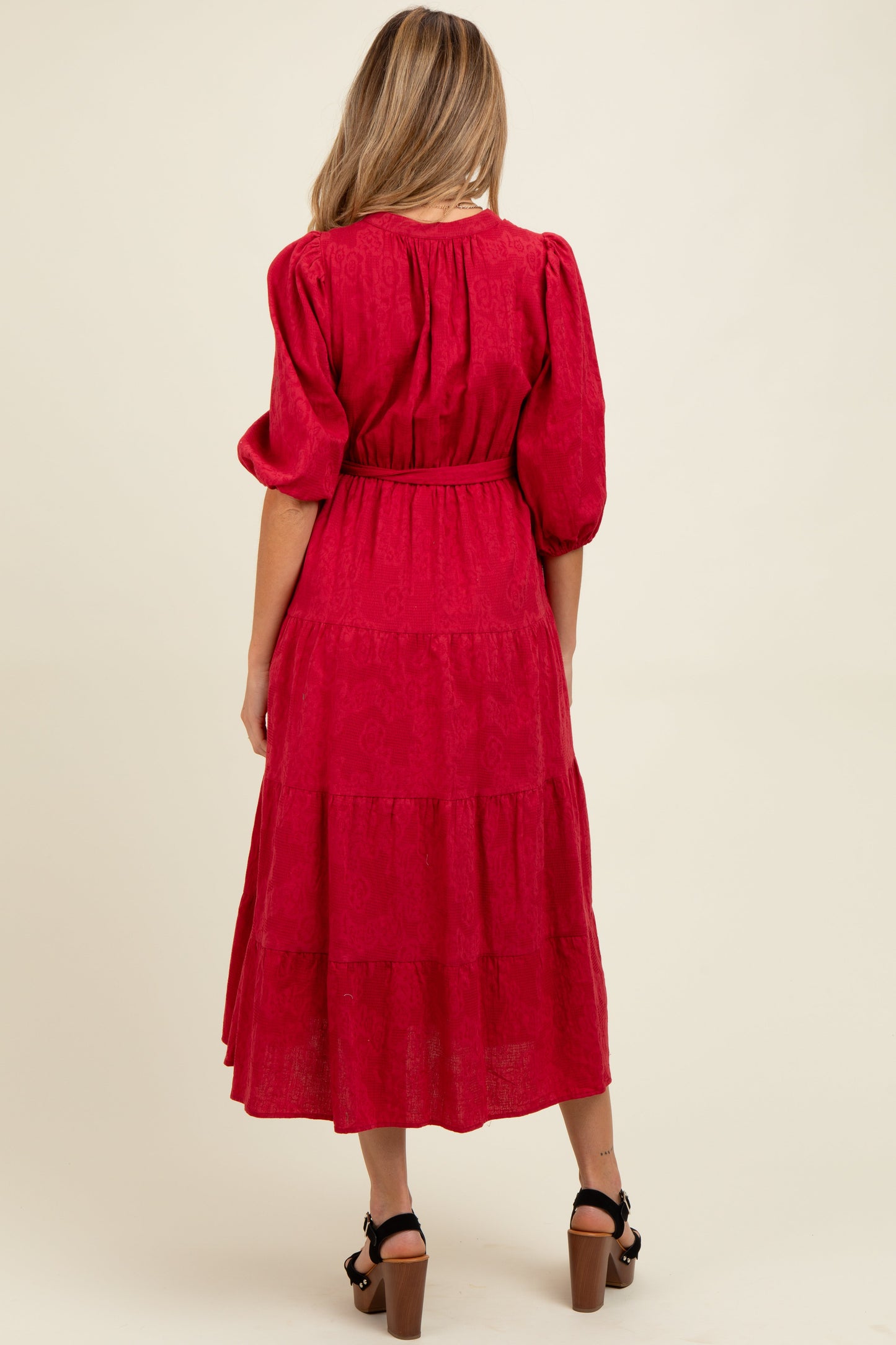 Burgundy Floral Jacquard Button Front Tiered Maternity Dress