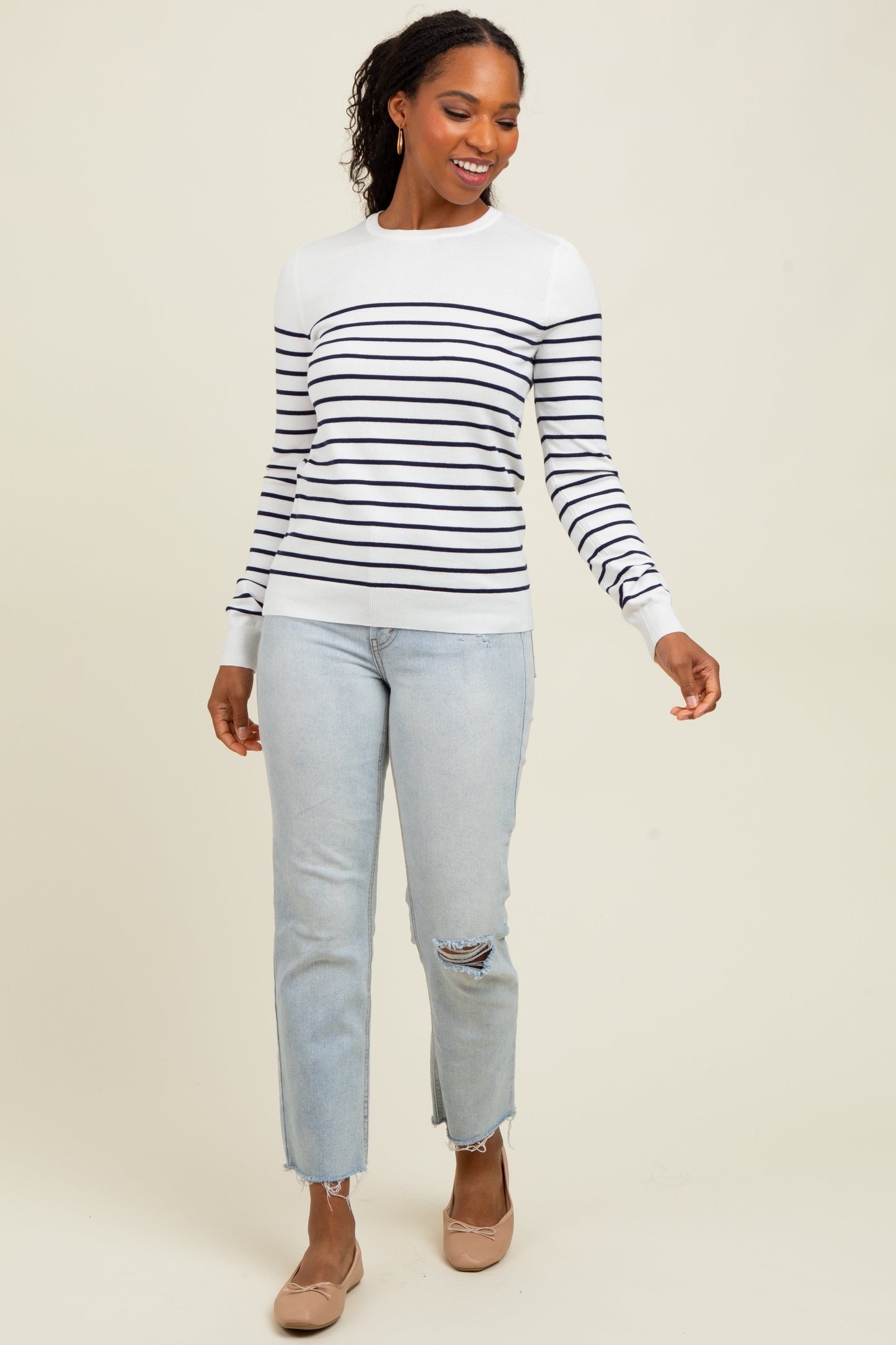 Navy Striped Knit Long Sleeve Top