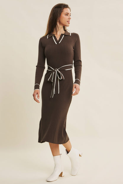 Brown Soft Stretchy Rib Fitted Sweater Midi Dress