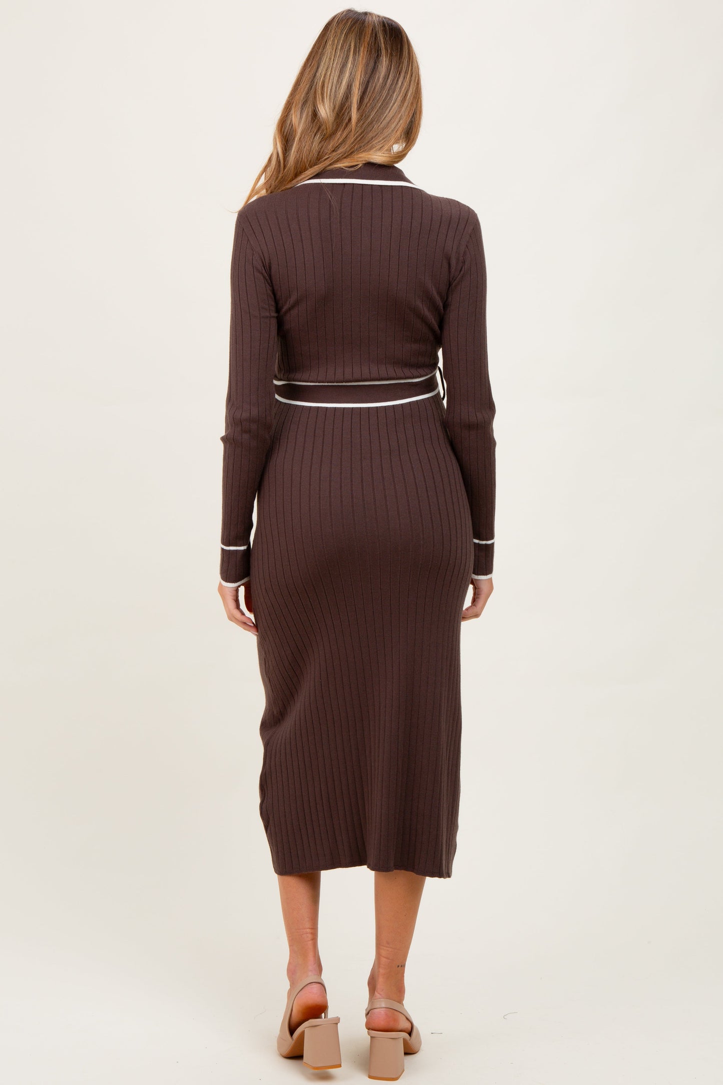 Brown Soft Stretchy Rib Fitted Maternity Sweater Midi Dress