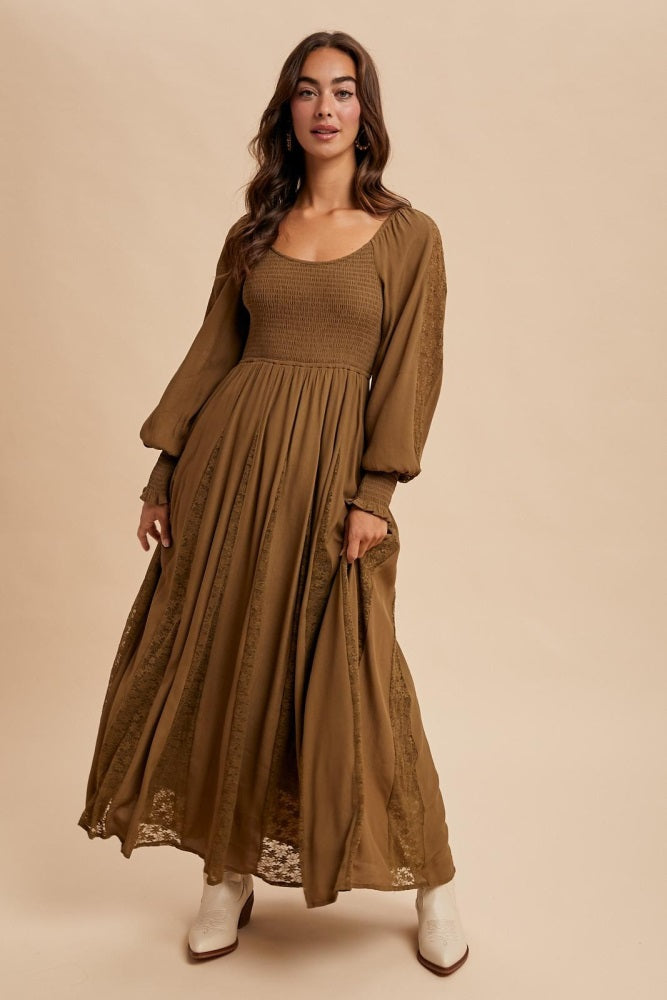 Brown Lace Inset Smocked Maxi Dress