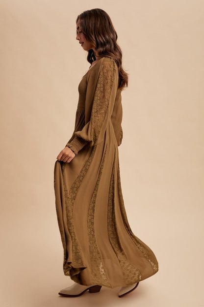 Brown Lace Inset Smocked Maxi Dress