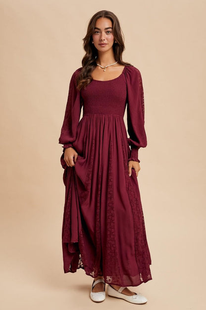 Burgundy Lace Inset Smocked Maternity Maxi Dress