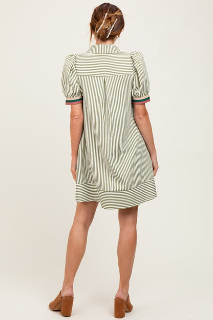 Light Olive Striped Puff Sleeve Mini Shirt Dress