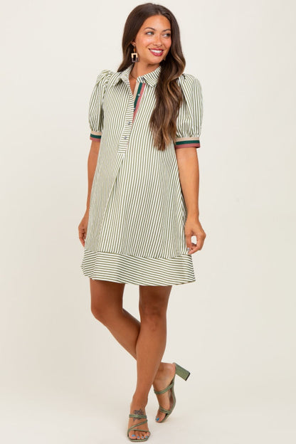 Light Olive Striped Puff Sleeve Maternity Mini Shirt Dress