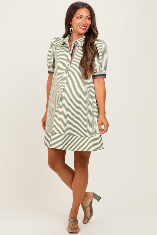 Light Olive Striped Puff Sleeve Maternity Mini Shirt Dress