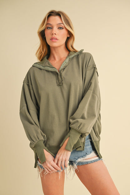 Olive Snap Button Pullover Henley Sweatshirt