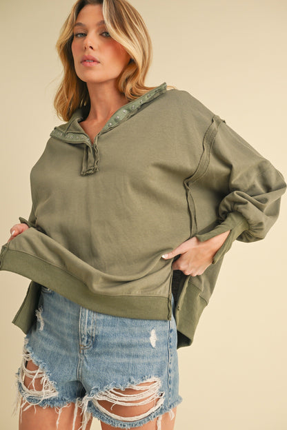 Olive Snap Button Pullover Henley Sweatshirt