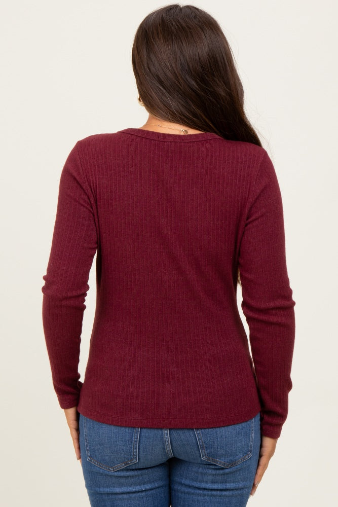 Burgundy Ribbed Knit Maternity Long Sleeve Top