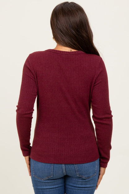 Burgundy Ribbed Knit Maternity Long Sleeve Top