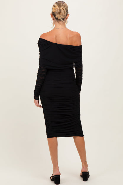 Black Ruched Mesh Off Shoulder Long Sleeve Maternity Midi Dress