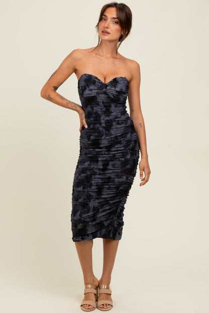Charcoal Mesh Velvet Strapless Ruched Maternity Midi Dress