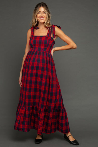 Red Plaid Sleeveless Cotton Maternity Maxi Dress