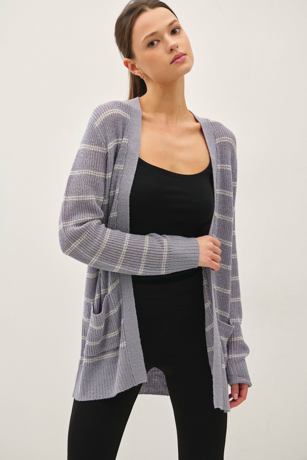 Blue Grey Fine Knit Striped Open Cardigan