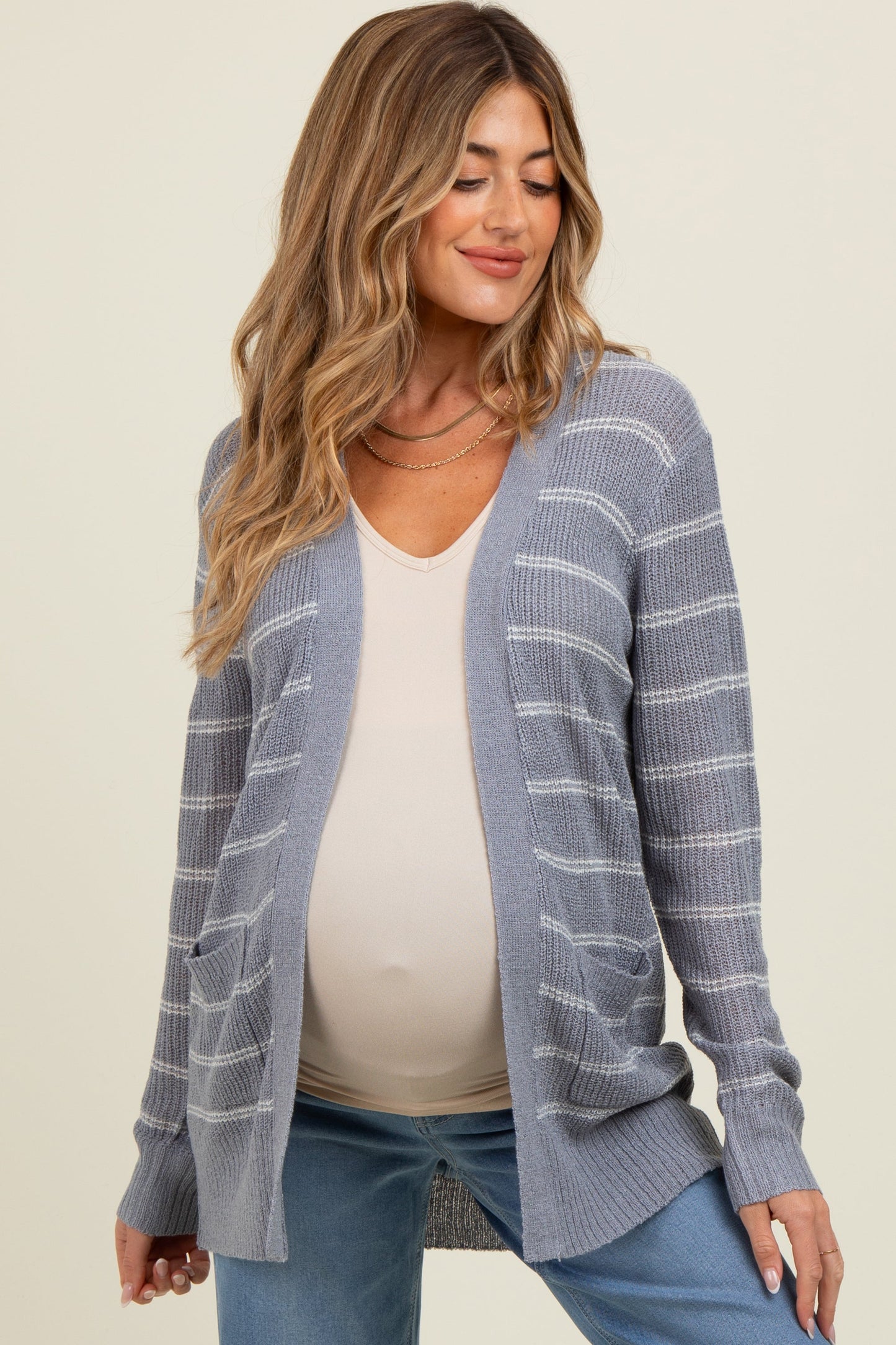 Blue Grey Fine Knit Striped Maternity Open Cardigan