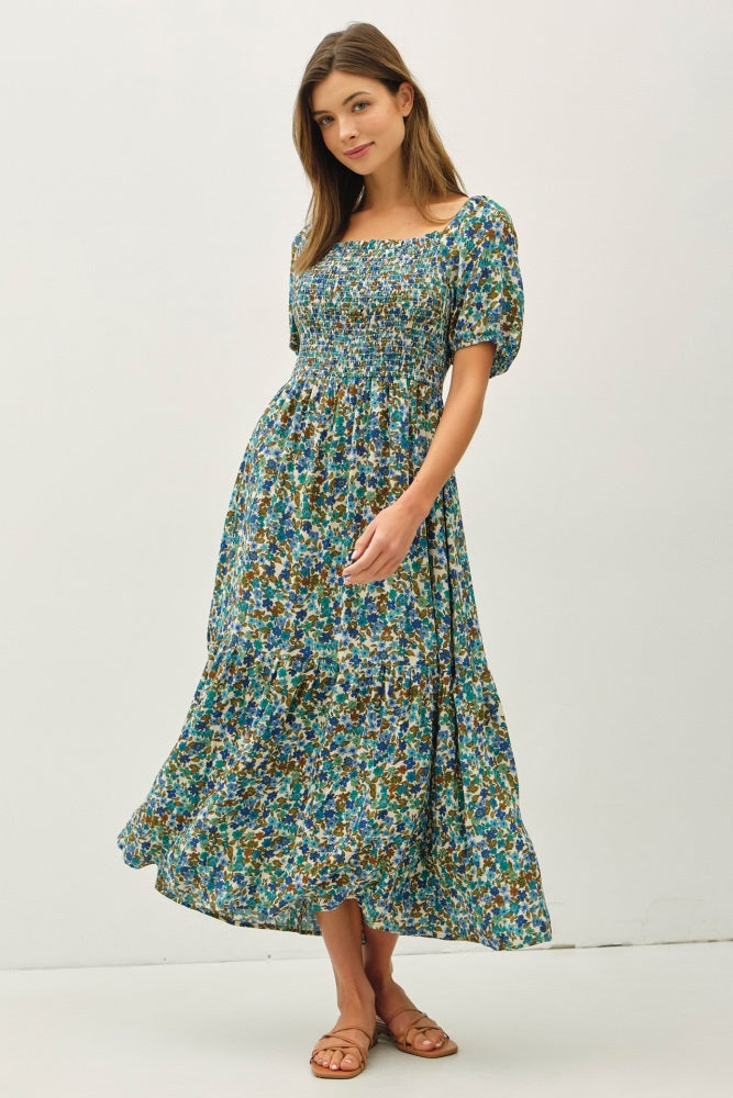 Blue Floral Smocked Tiered Maternity Midi Dress