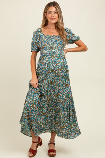 Blue Floral Smocked Tiered Maternity Midi Dress