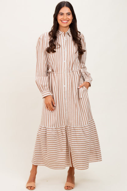 Mocha Striped Collared Button Down Waist Tie Maxi Dress