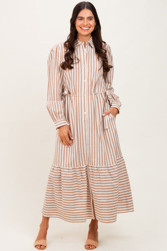 Mocha Striped Collared Button Down Waist Tie Maxi Dress
