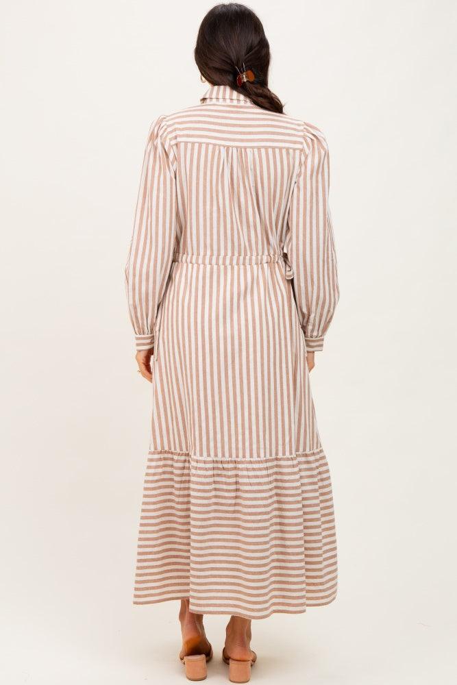 Mocha Striped Collared Button Down Waist Tie Maxi Dress