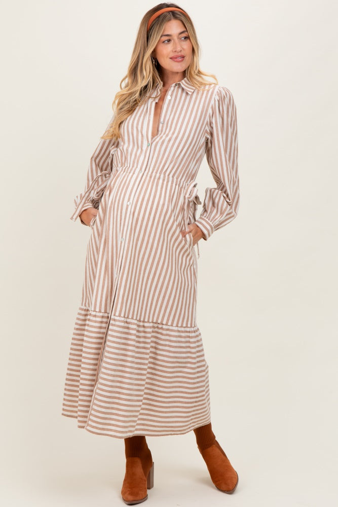 Mocha Striped Collared Button Down Waist Tie Maternity Maxi Dress