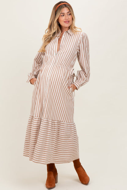 Mocha Striped Collared Button Down Waist Tie Maternity Maxi Dress