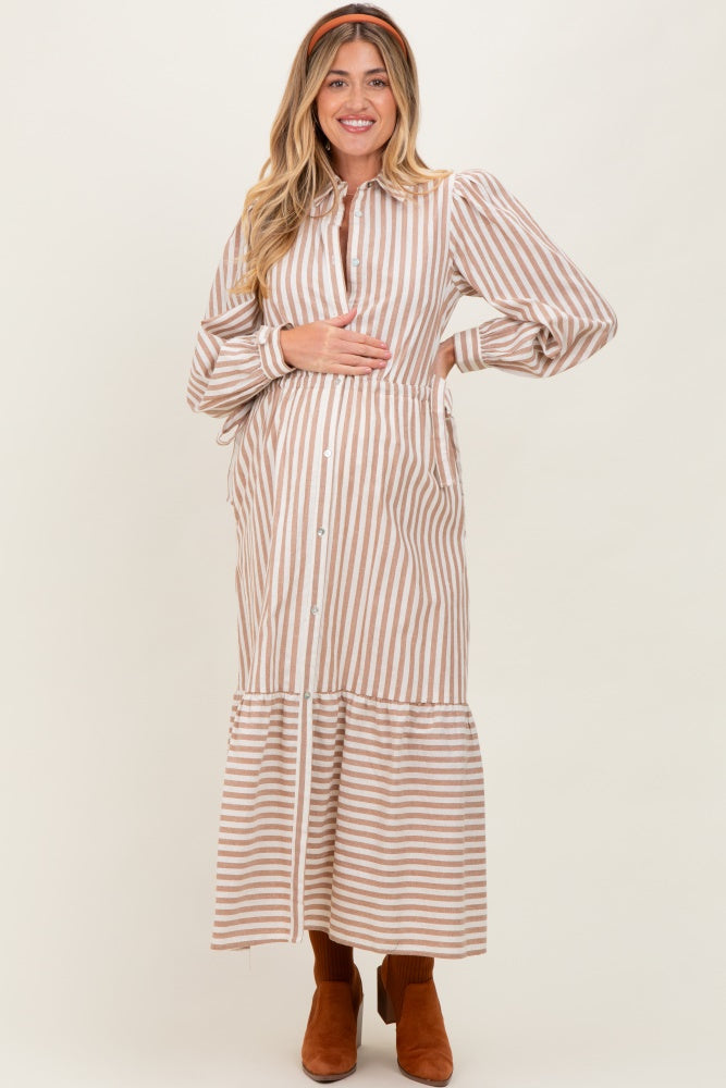 Mocha Striped Collared Button Down Waist Tie Maternity Maxi Dress
