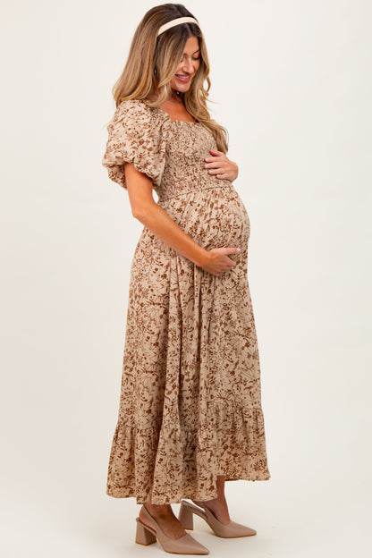 Mocha Leaf Print Smocked Square Neck Puff Sleeve Maternity Maxi Dress