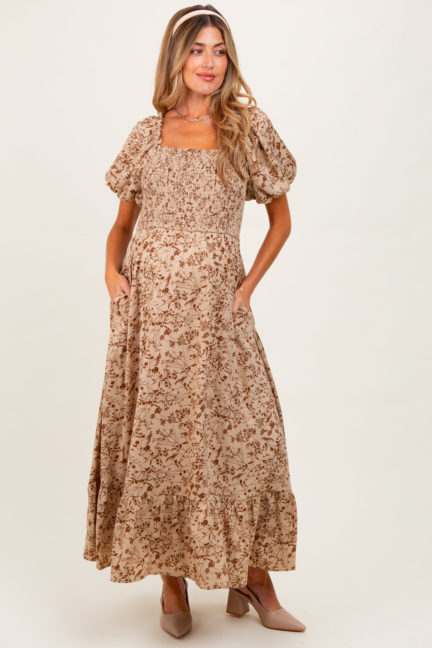 Mocha Leaf Print Smocked Square Neck Puff Sleeve Maternity Maxi Dress